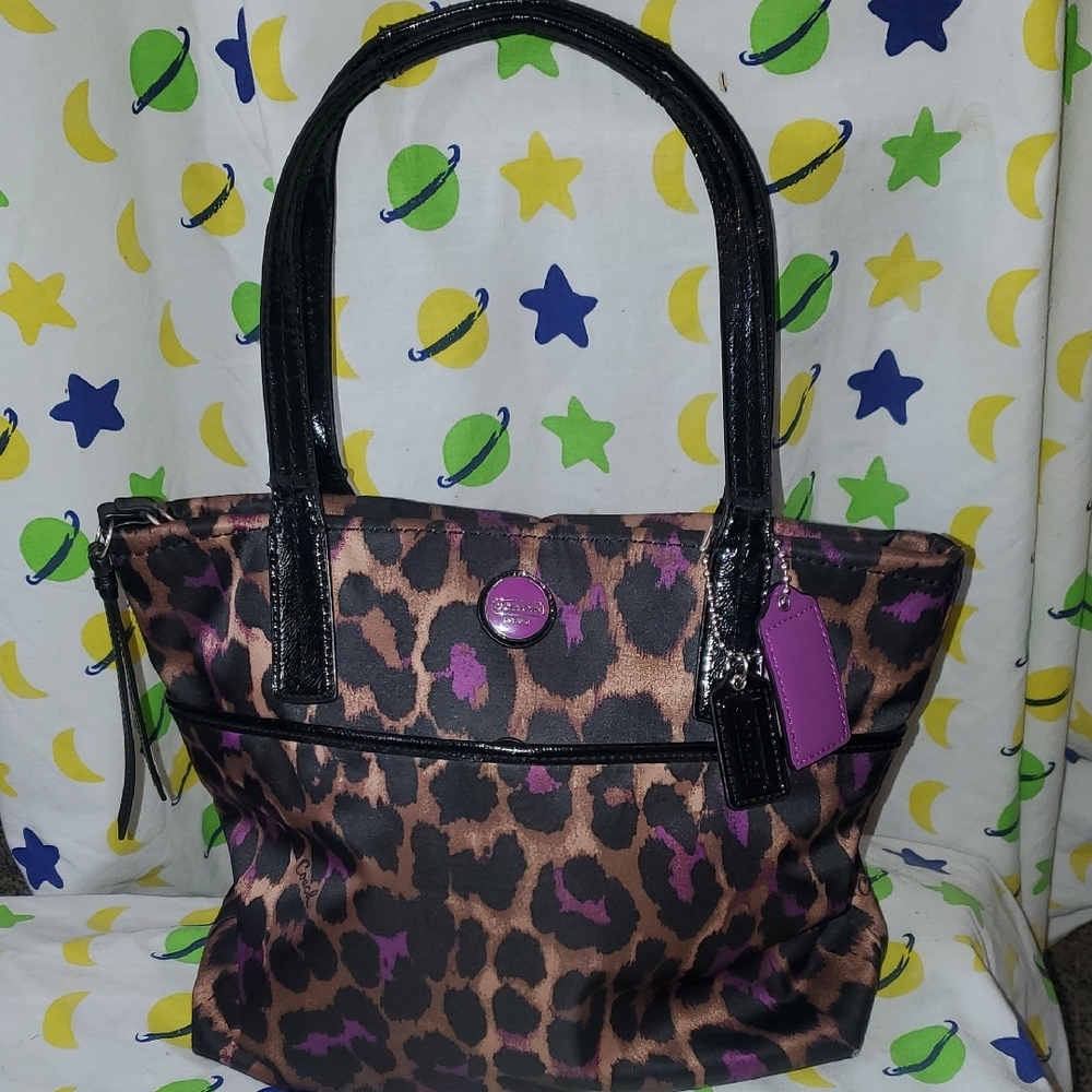 Coach Ocelot Tote Violet Purple Brown Black Animal Print F25282 - Picture 2 of 7
